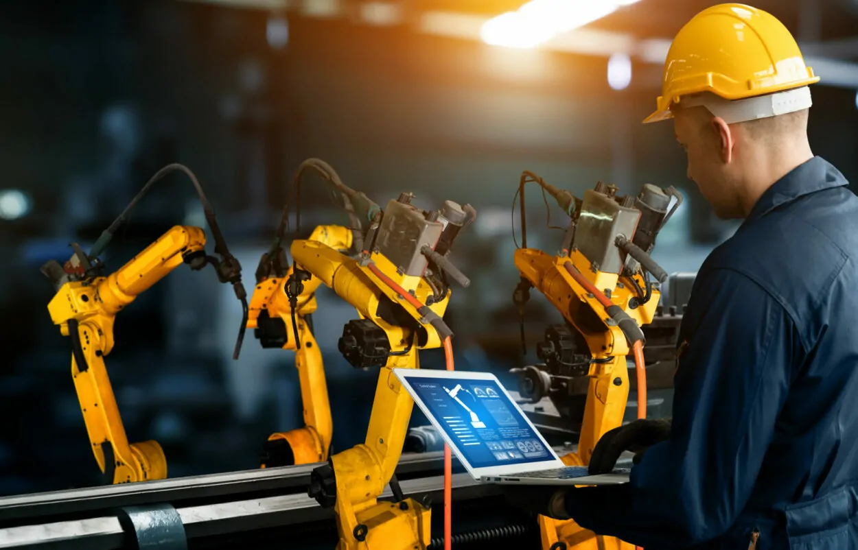 Bild eines Roboterarms, der von einem Mann mit Laptop gesteuert wird, Trend in der Automotive-Industrie: Smart Industries
