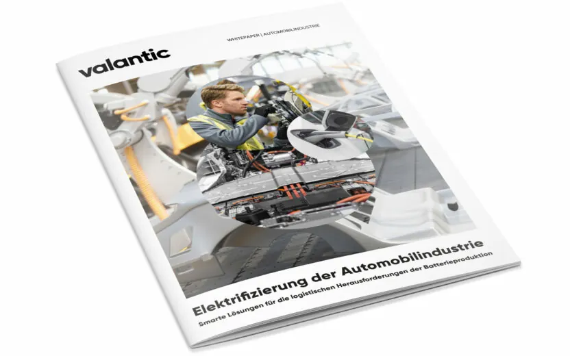 Mockup zum Whitepaper "Elektrifizierung der Automobilindustrie", logistischen Herausforderungen der Batterieproduktion