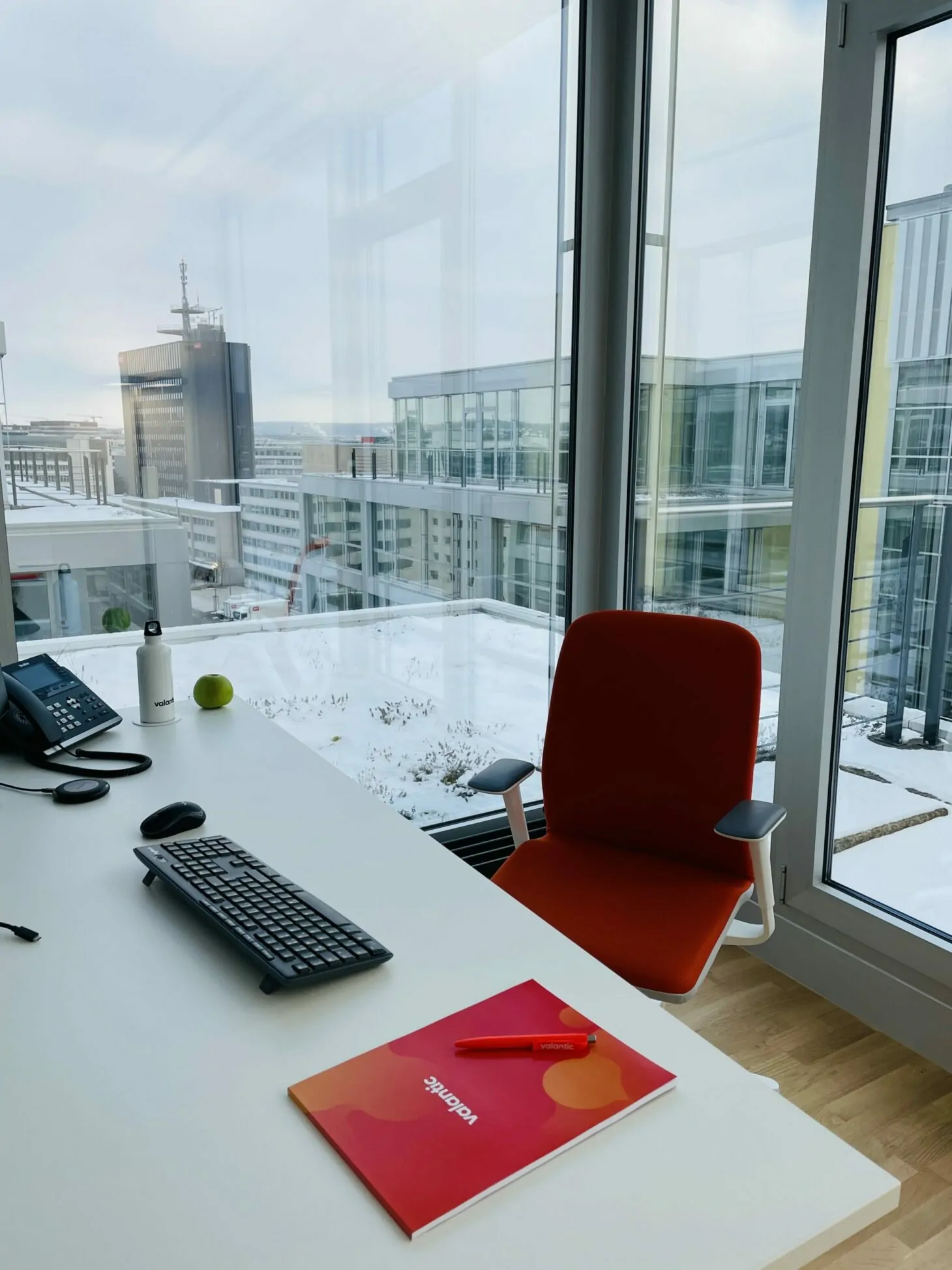 Image of an office desk of the valantic Zurich branch with a window view