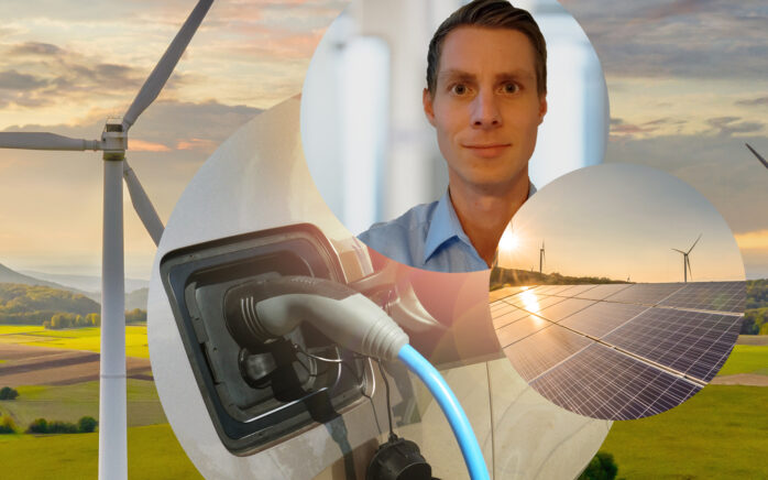 Picture of Marco Fuhr, Senior Consultant in Logistics Management, in the background wind turbines, a photovoltaic system and the charging cable of an electric car, Sustainability in Supply Chain Management