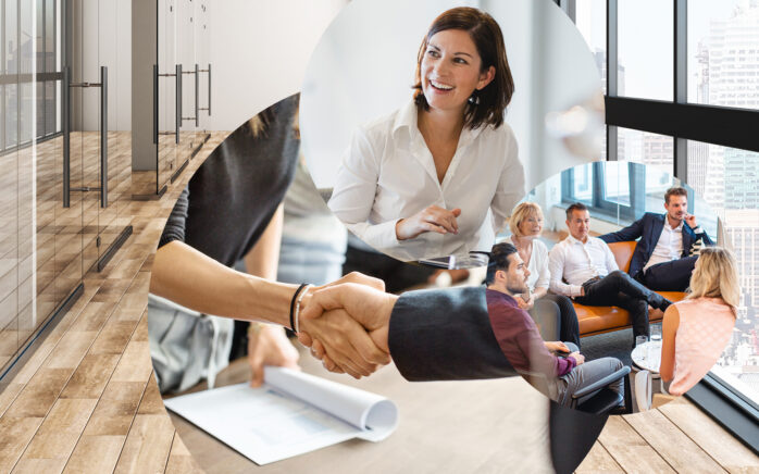 Image of a smiling woman and several colleagues in conversation, IT strategy consulting for HR