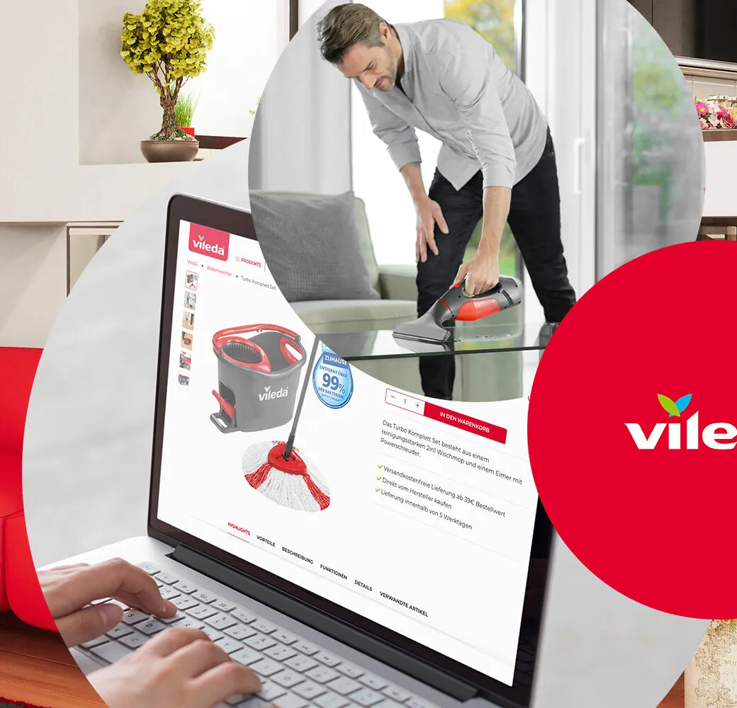 Bild eines Mannes, der einen Tisch reinigt, daneben das Logo von Vileda sowie die Vileda Website, valantic Case Study