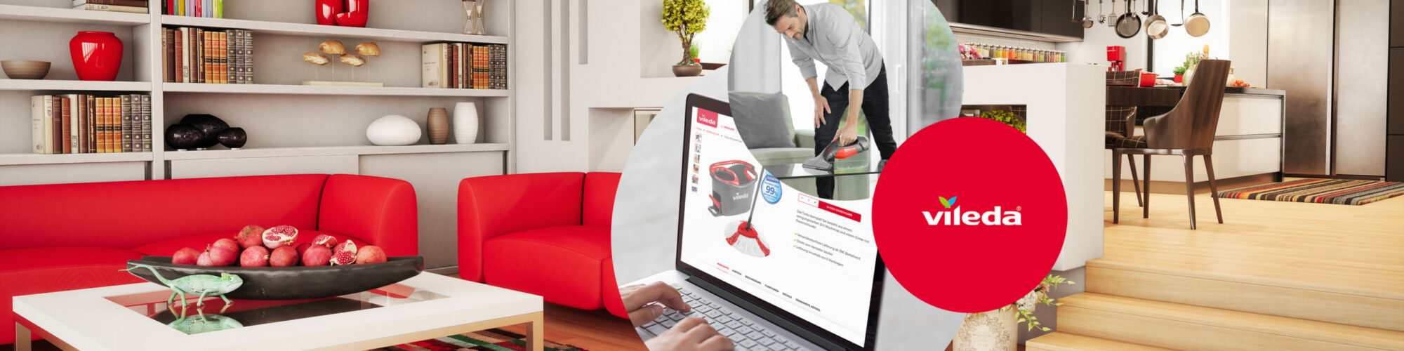 Image of a man cleaning a table, next to it the logo of Vileda and the Vileda website, valantic Case Study