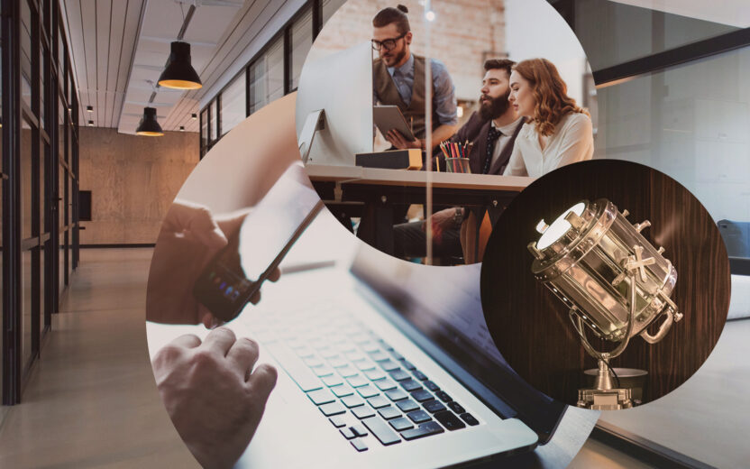 Bild von Personen am Computer, daneben die Nahaufnahme eines Laptops, im Hintergrund Büroräume