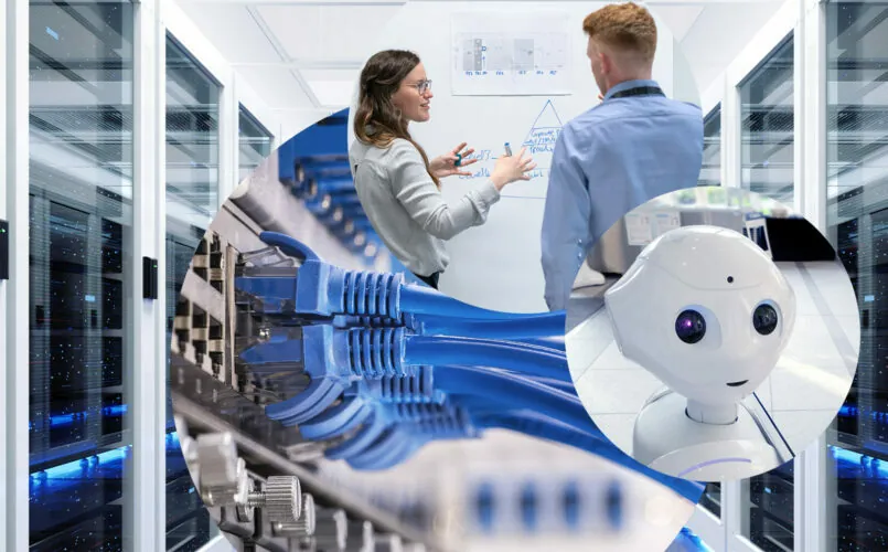 Die Abbildung zeigt unseren Data Science Dreiklang, bestehend aus eine Serverraum, einem Roboter und zwei Personen vor einem Flipchart.
