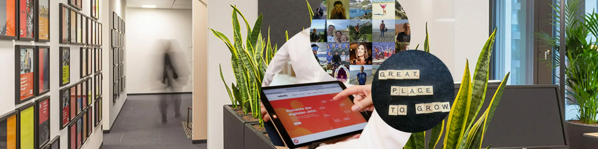 Bild der Büroräume von valantic, daneben ein Tablet mit der valantic Website sowie der Schriftzug: Great Place To Grow
