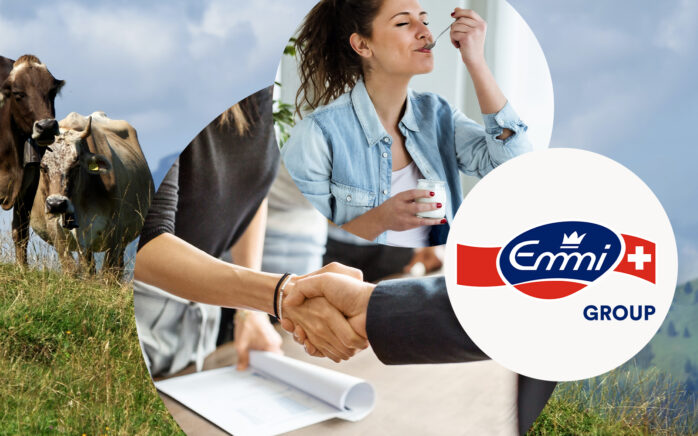 Das ist das Featured Image der Success Story von Emmi bestehend aus einer Kuhweide, einer Frau, die genüsslich ihren Joghurt isst und das Logo von Emmi.