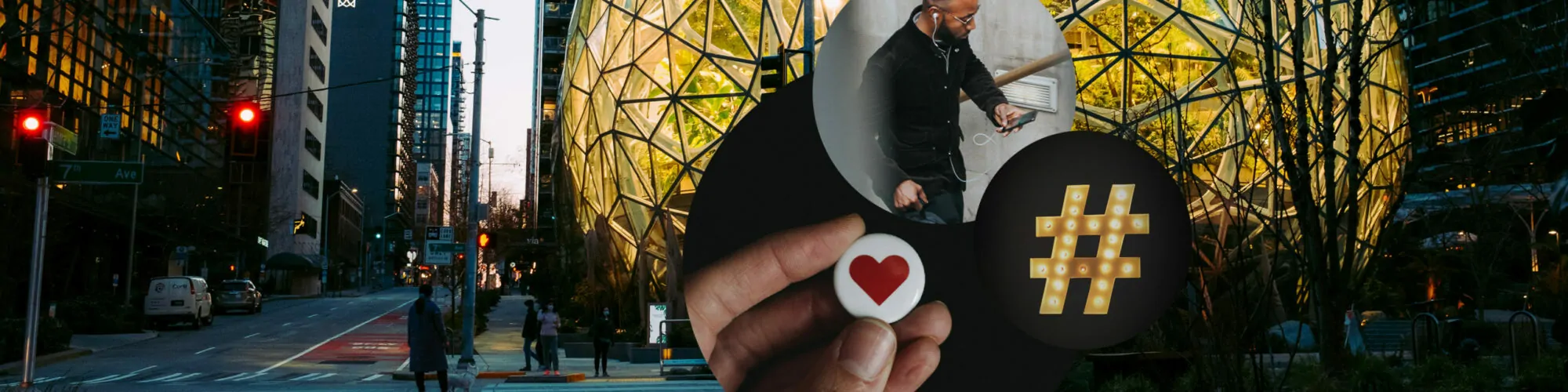Bild der 7th Avenue mit drei Kreisen, Hand mit Herz-Button, Hashtag, Mann mit Smartphone, valantic Social Media