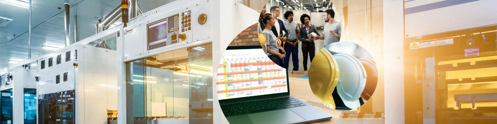 Bild von Personen in einer Produktionsstätte, daneben ein Bild von Bauhelme und dahinter Bilder von einem Laptop und Maschinen, valantic Outlook Planner