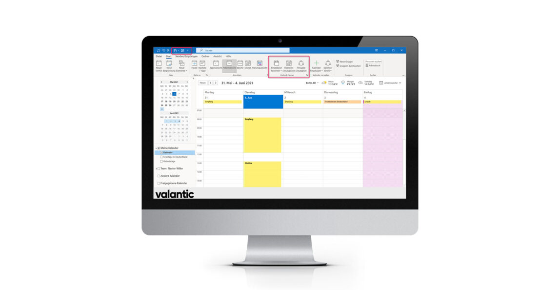 Computer mit einem Screenshot aus dem Outlook Planner, valantic Outlook Planner