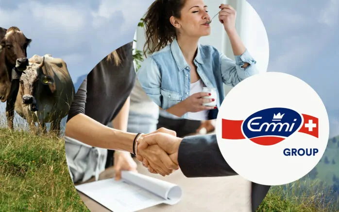 This is the featured image of Emmi's Success Story consisting of a cow pasture, a woman eating her yoghurt with pleasure and the Emmi logo.