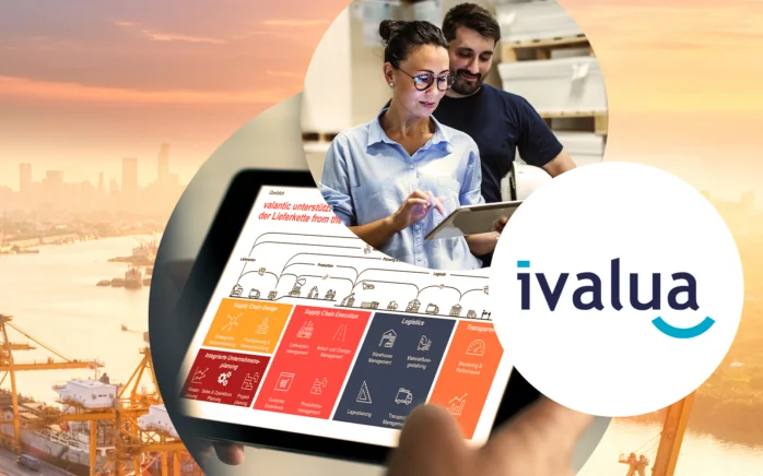 Bild von zwei Personen mit einem Tablet, ein Industriehafen sowie das Logo von Ivalua: valantic und Ivalua schließen strategische Partnerschaft