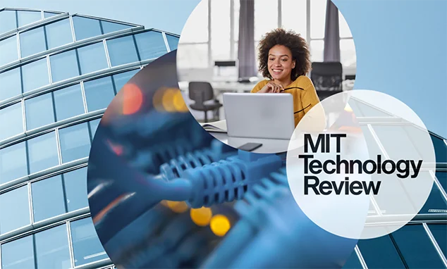 Image of a woman sitting in front of a laptop. Next to it, cables and the MIT Technology Review logo