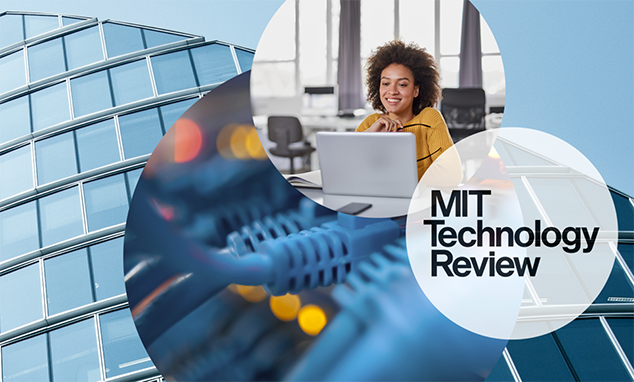 Image of a woman sitting in front of a laptop. Next to it, cables and the MIT Technology Review logo