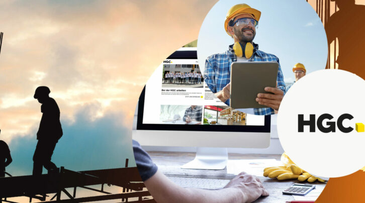 Bild von einem Bauarbeiter mit einem Tablet und das Logo von HGC, valantic Referenz: E-Commerce- & Corporate-Plattform mit der SAP Commerce Cloud für HGC