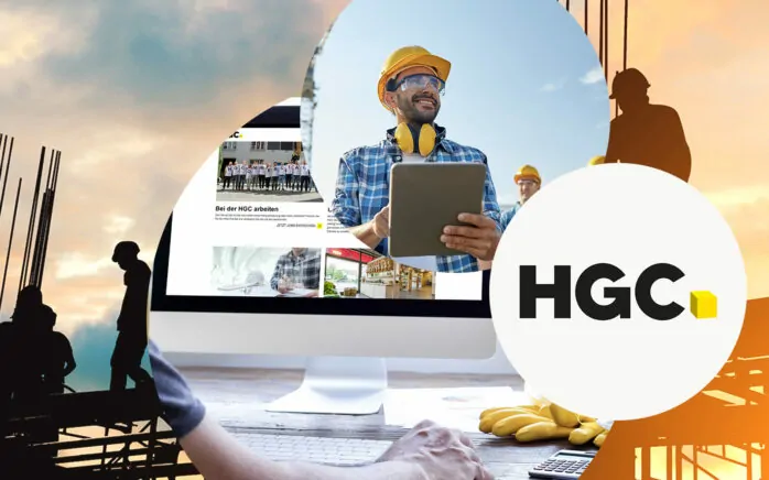 Bild von einem Bauarbeiter mit einem Tablet und das Logo von HGC, valantic Referenz: E-Commerce- & Corporate-Plattform mit der SAP Commerce Cloud für HGC