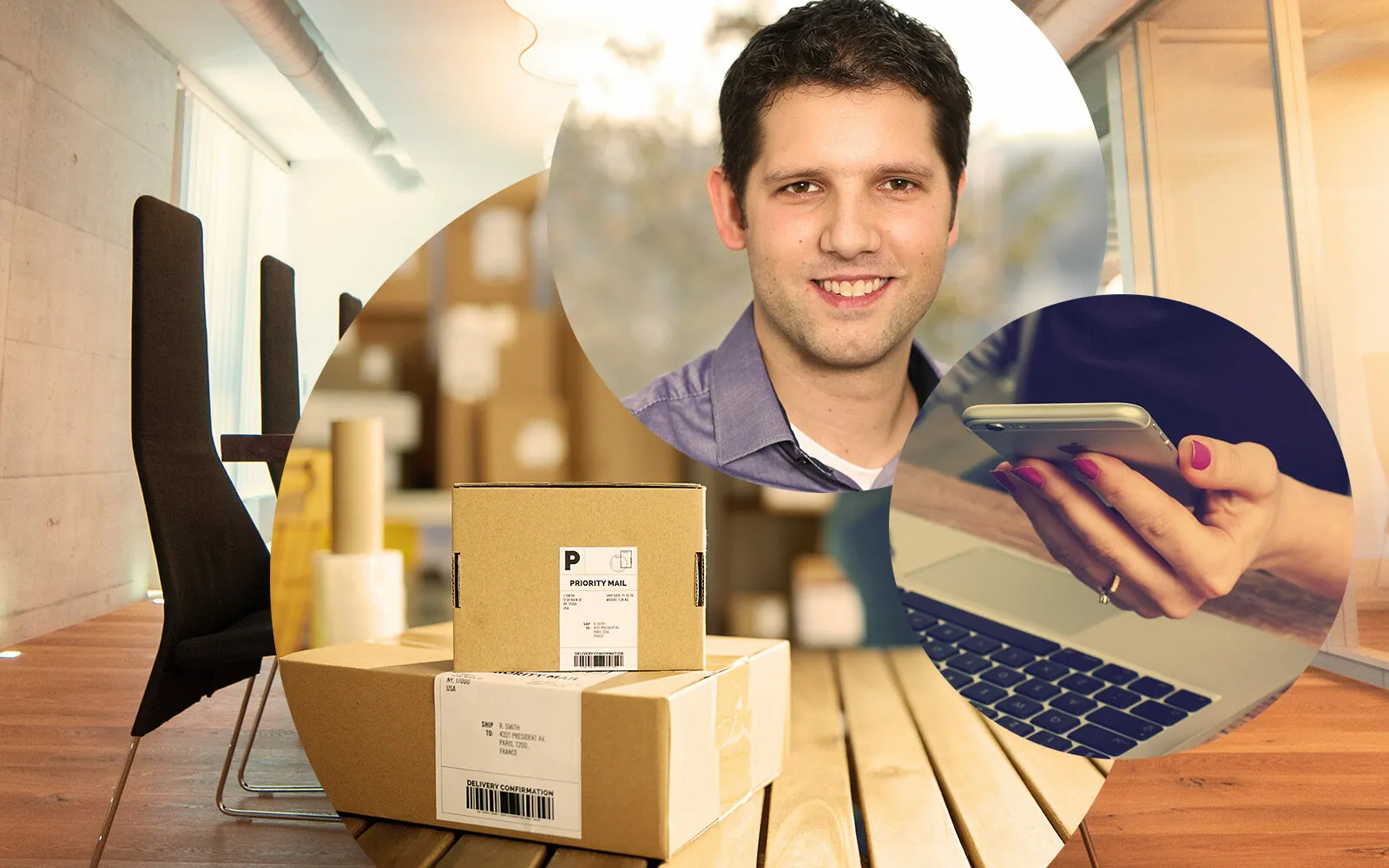 Picture of Fabian Saccilotto, valantic CEC Switzerland, next to it a smartphone and stacked packages