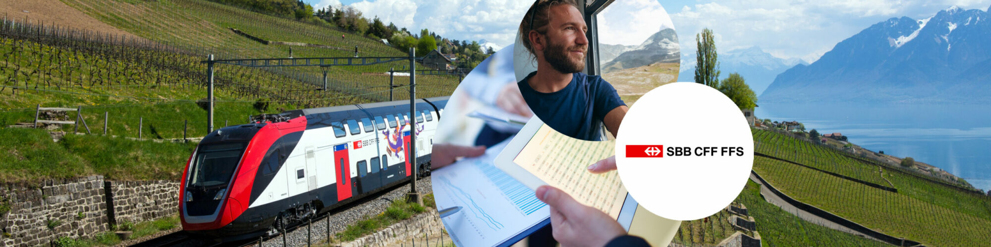 Titelbild der Success Story SBB: im Hintergrund sieht man die einen Zug der Schweizer Bundesbahn, der durch die schweizer Bergwelt fährt, im Vordergrund drei Abbildungen bestehend aus Diagrammen, einem Passagier und dem Logo der SBB | Success Story SBB: Unternehmensplanung mit Anaplan