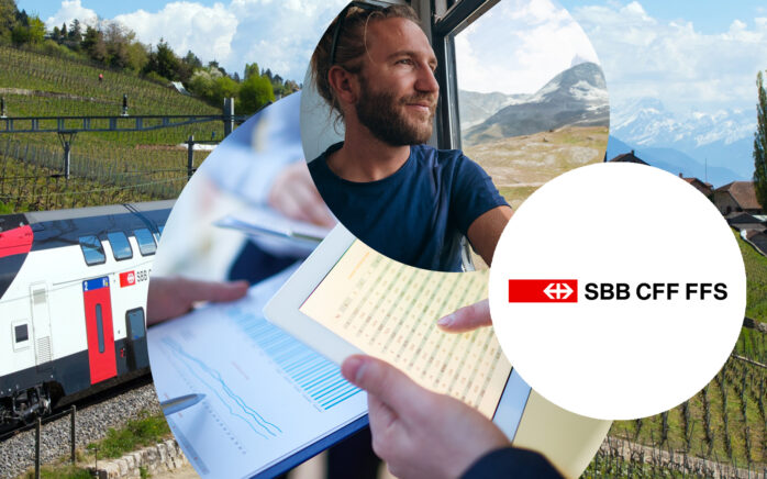 Featured Image der Success Story SBB: im Hintergrund sieht man die einen Zug der Schweizer Bundesbahn, der durch die schweizer Bergwelt fährt, im Vordergrund drei Abbildungen bestehend aus Diagrammen, einem Passagier und dem Logo der SBB | Success Story SBB: Unternehmensplanung mit Anaplan