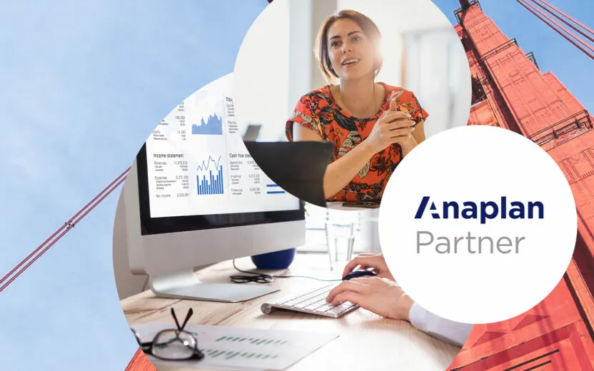 Featured image consisting of a background image where a red bridge can be seen and three foreground images in the form of circles with the Anaplan partner logo, a woman in a red dress and a monitor with an Anaplan dashboard. (Partner page: Connected Planning with Anaplan)