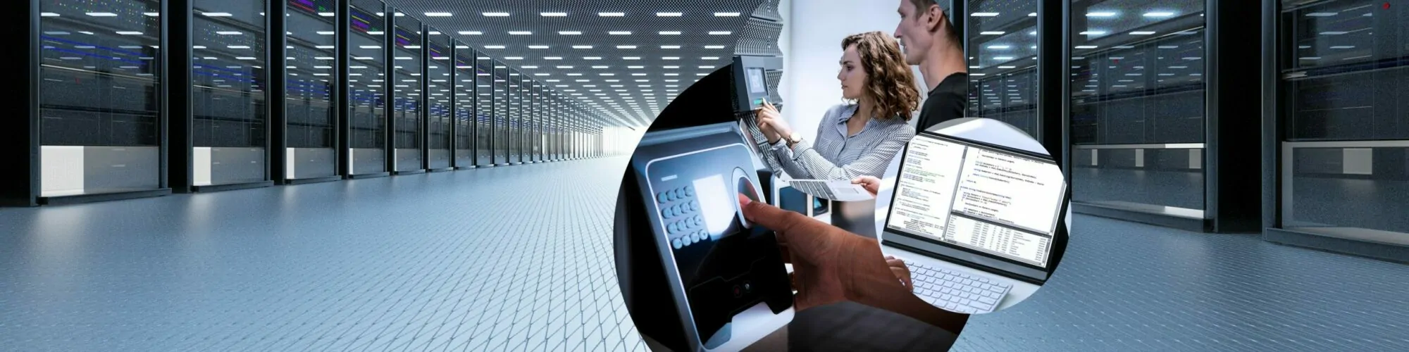 IT-Sicherheit und Datenschutz werden im Bild durch ein Rechenzentrum, zwei Frauen vor einer digitalen Zugangssperre sowie durch ein Laptop thematisiert.