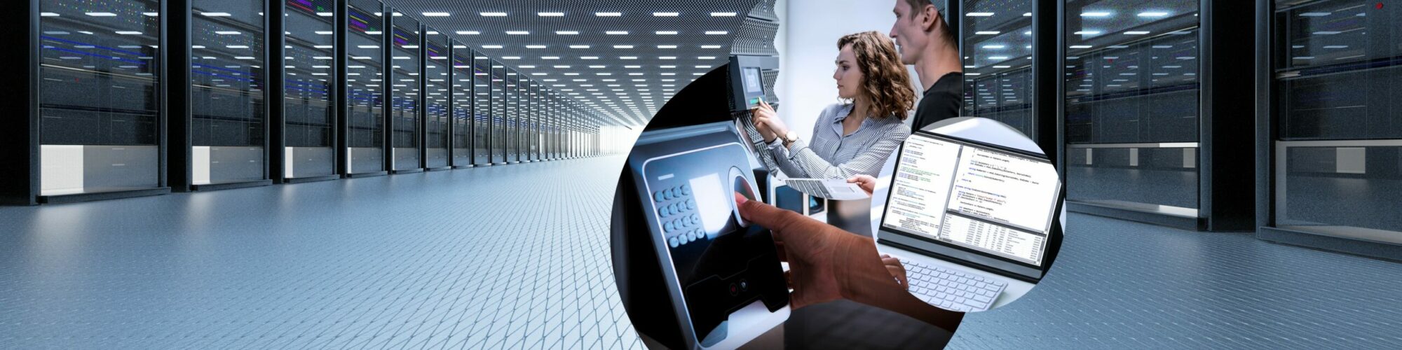 IT security and data protection are addressed in the image by a data center, two women in front of a digital access barrier, and a laptop.
