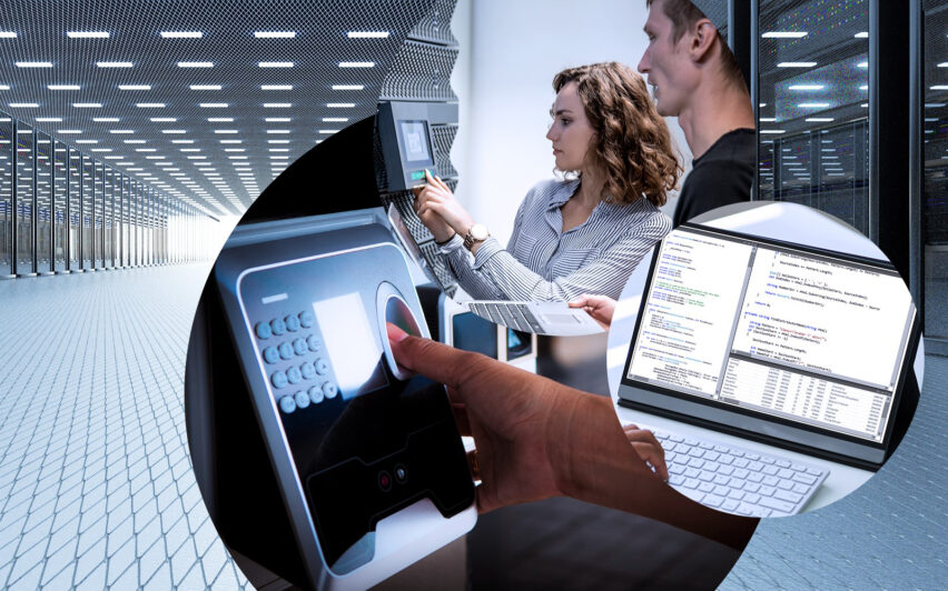 IT-Sicherheit und Datenschutz werden im Bild durch ein Rechenzentrum, zwei Frauen vor einer digitalen Zugangssperre sowie durch ein Laptop thematisiert.