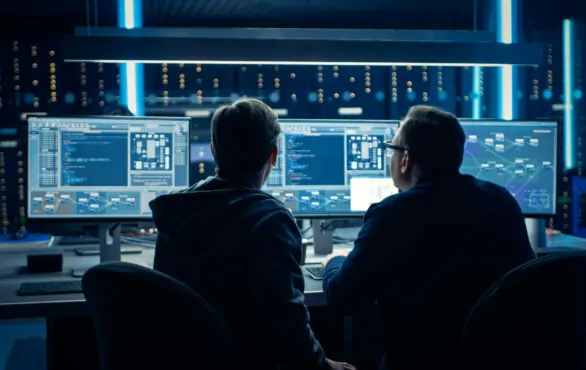 Bild von zwei IT-Programmierern, Data Center mit Server-Racks, IT-Sicherheit und Datenschutz