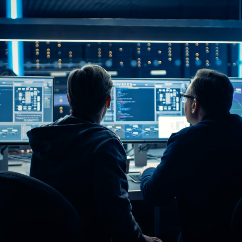 Picture of two IT programmers, data center with server racks, IT security and data protection