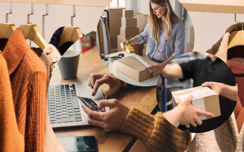 Bild von einer Frau mit einem Paket, im Hintergrund Kleidung, Retail Excellence, erfolgreiche Digitalisierung im Handel mit valantic