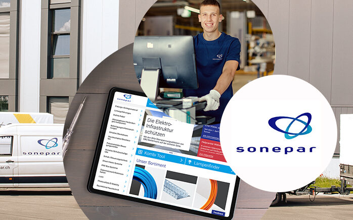 Bild von einem Mitarbeiter von Sonepar Suisse, daneben das Logo von Sonepar, valantic Referenz: B2B-Plattform mit Spryker für Sonepar Suisse