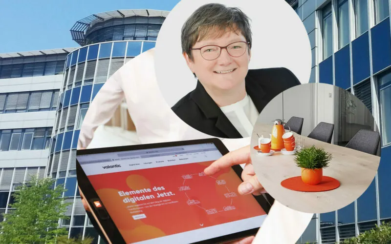 Image of Claudia Jost, SAP Consultant at valantic for S/4HANA projects, in the background the valantic office in Langenfeld
