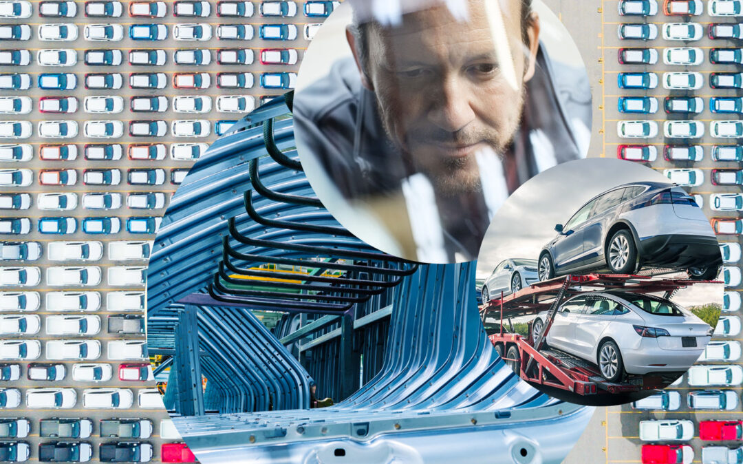 Bild von einem Mann, der an einem Auto arbeitet, daneben ein Autotransporter und eine Produktionshalle mit Autoteilen, valantic Branche: Automotive