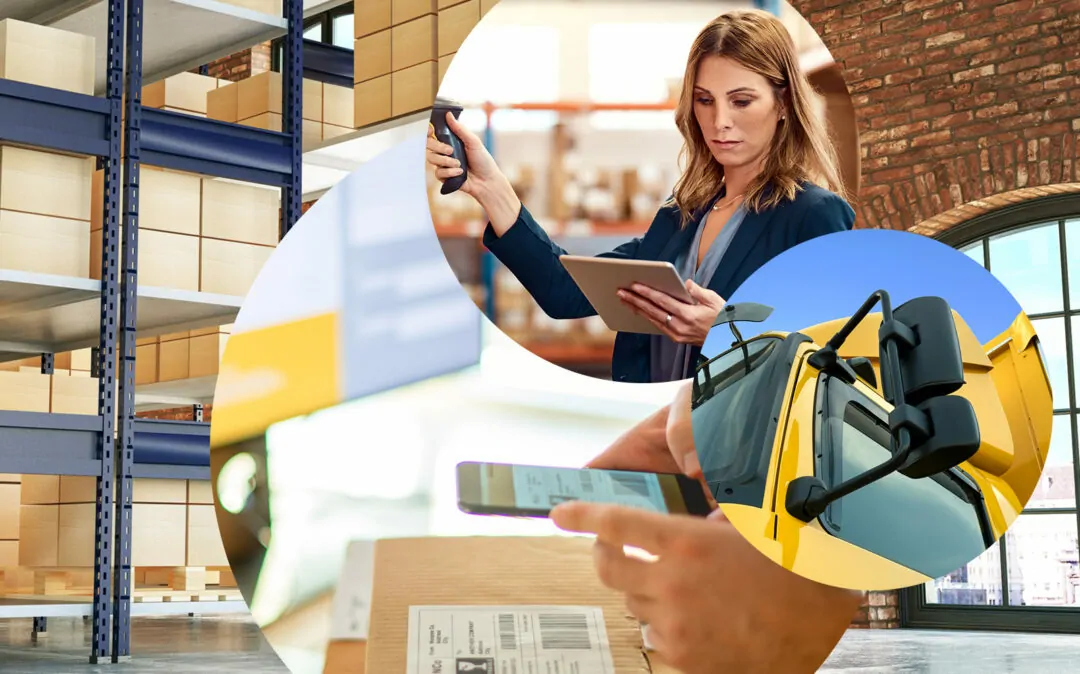 Bild von einer Frau, die ein iPad in der Hand hält und ein Paket scannt, daneben die Nahaufnahme eines gelben LKWs und eines Paketaufklebers, der mit dem Handy gescannt wird, im Hintergrund eine Lagerhalle mit Paketen, valantic Branche Transport & Logistik