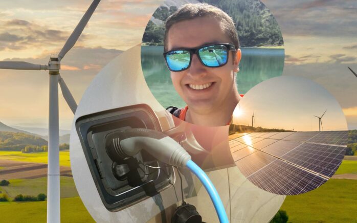 Bild von Philipp Grittner, Berater bei valantic im Bereich Logistikmanagement, im Hintergrund ein Windrad und eine Solaranlage, Nachhaltigkeit bei valantic