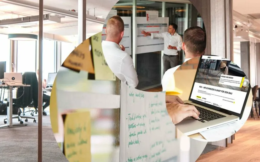 Bild von Personen im Gespräch vor einer Planungstafel mit Notizzetteln, IT-Architekturberatung Übersicht