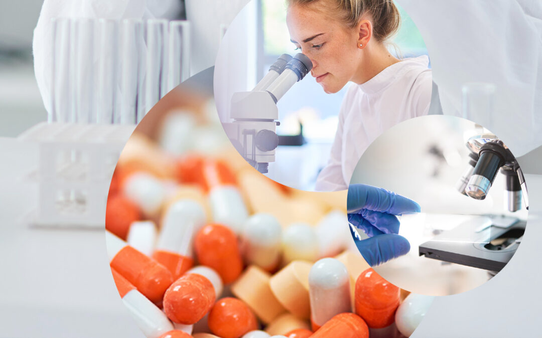 Image of a woman in a smock looking through a microscope, next to it the close-up of a microscope as well as tablets and pills, in the background a laboratory, valantic chemical and pharmaceutical industry