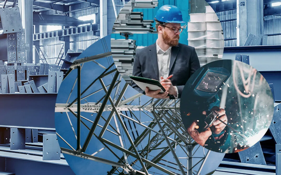 Picture of a man with a construction helmet who is standing in a production hall and writing something down, next to it a picture of welding work and behind it pictures of a scaffolding and a production facility, valantic mechanical and plant engineering