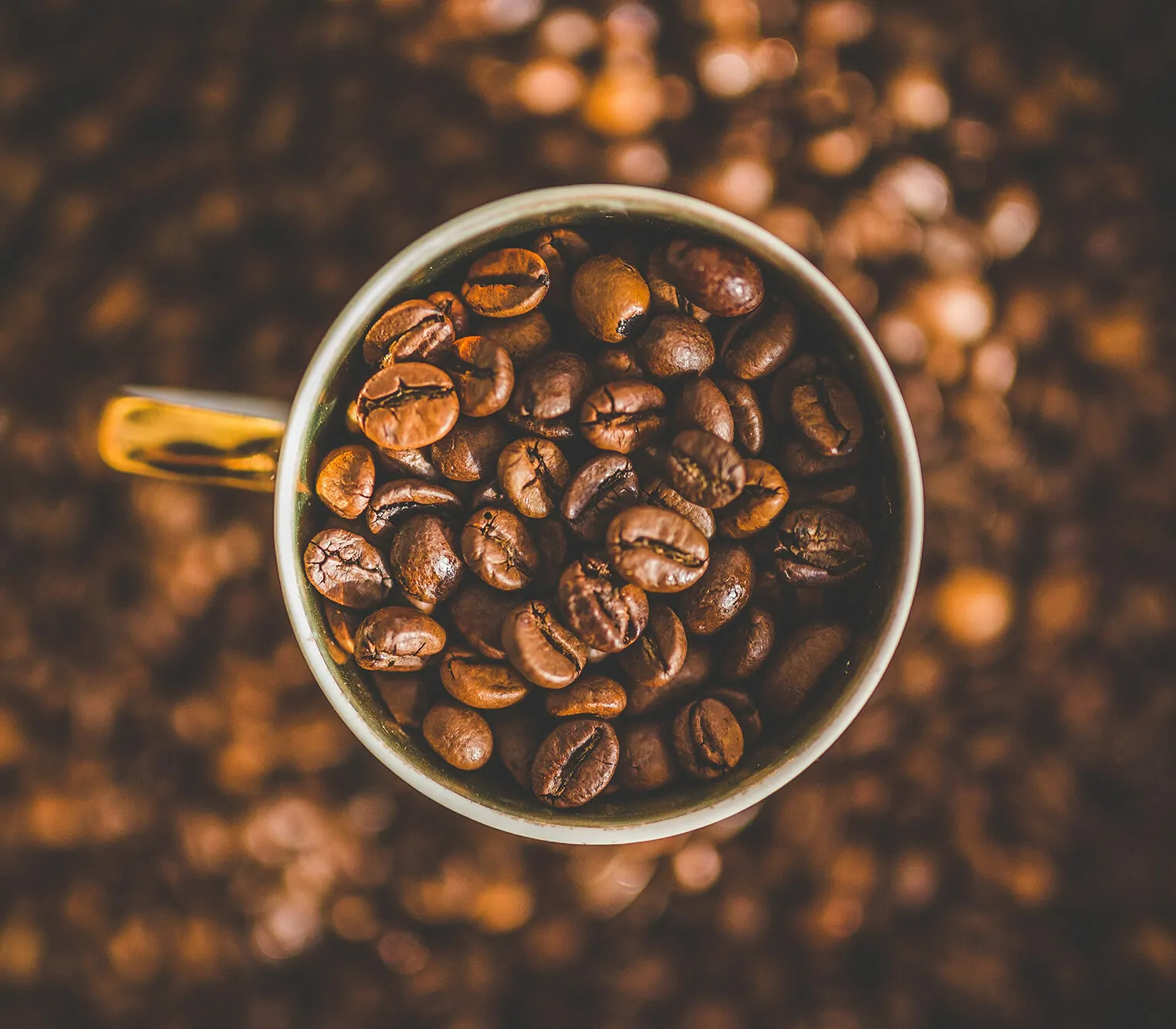 Kaffeebohnen in einer Kaffetasse und drumherum