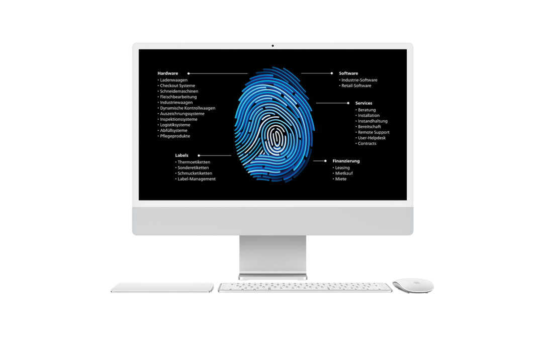 Screenshot mit einem Fingerabdruck auf einem PC-Desktop mit den Angeboten von Bizerba.