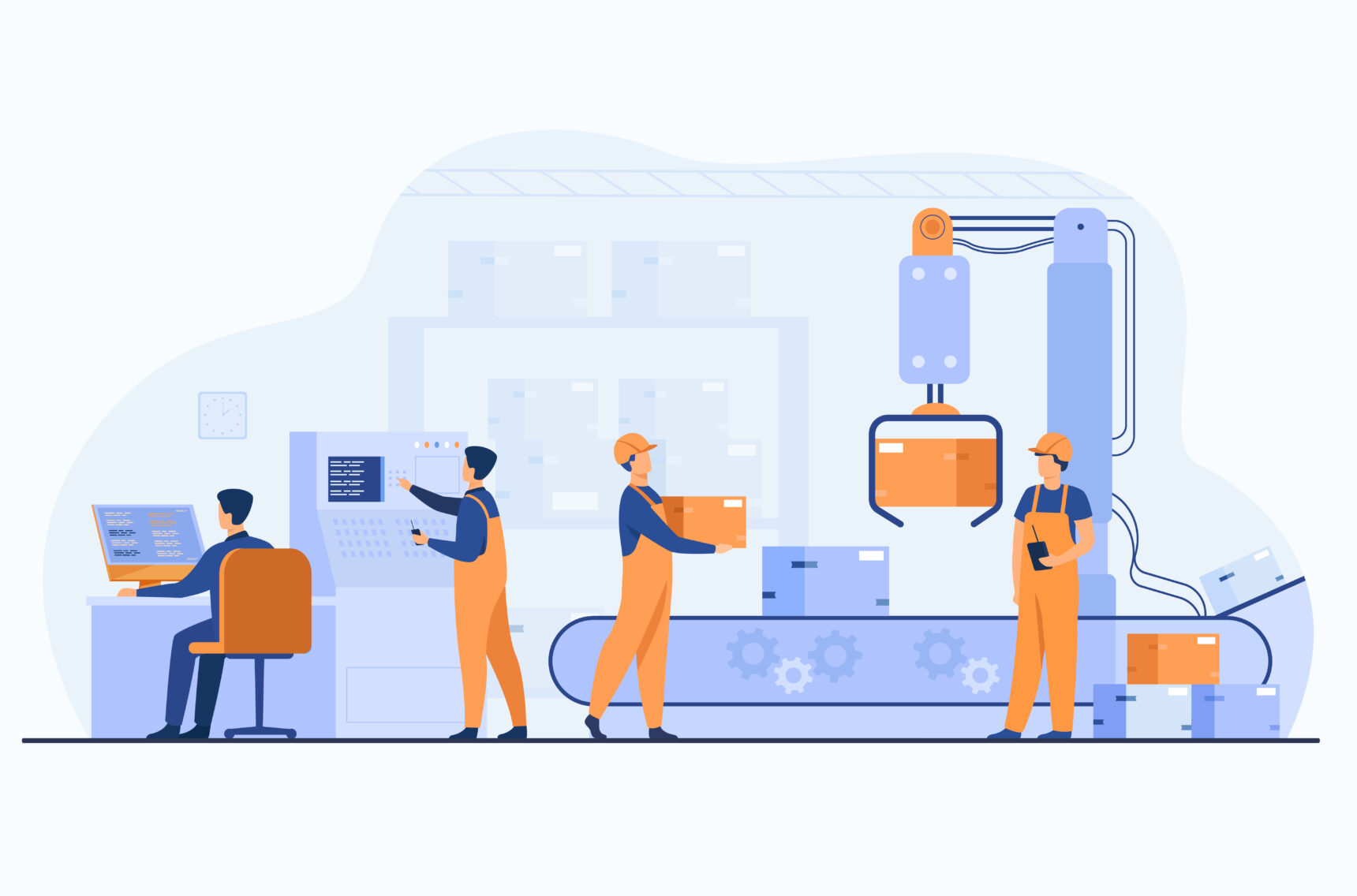 Illustration von Fabrikarbeitern, die Pakete vom Förderband entfernen, Consulting für die digitale Transformation