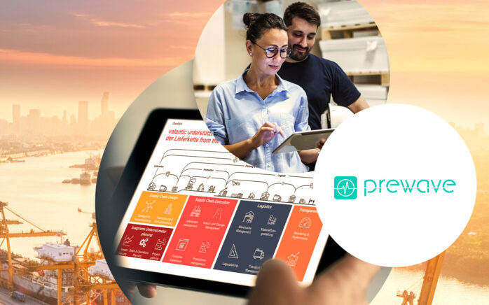 Bild von zwei Personen mit einem Tablet, ein Industriehafen sowie das Logo von Prewave: valantic und Prewave schließen strategische Partnerschaft