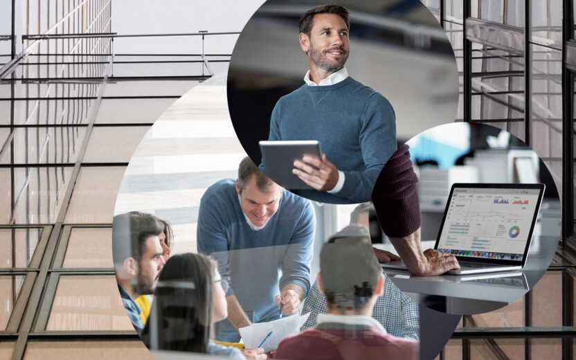 Bild von einem Mann mit Tablet in der Hand, daneben eine Gruppe von Menschen in einer Konferenz und ein Laptopbildschirm mit geöffnetem Dashboard, SAP Group Reporting