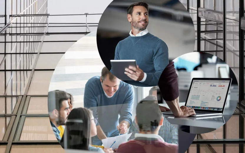 Bild von einem Mann mit Tablet in der Hand, daneben eine Gruppe von Menschen in einer Konferenz und ein Laptopbildschirm mit geöffnetem Dashboard, SAP Group Reporting