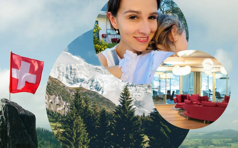 Bild von Svenja Carstensen mit ihrer Tochter, im Hintergrund sieht man die Schweizer Berglandschaft