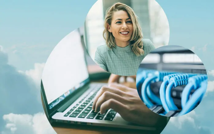 You can see the featured image of IBM Cloud Pak for Data with three circles consisting of a laughing woman, a laptop and network cables.