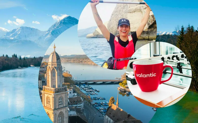 Bild des Blogbeitrages von Stefanie Meyer mit drei kreisformigen Fotos im Vordergrund. Auf dem ersten ist eine rote valantic Tasse zu sehen, die auf einem Kickertisch steht, auf dem zweiten ist eine Luftaufnahme von Zürich und auf dem dritten ist Stefanie Meyer in einem Ruderboot zusehen.