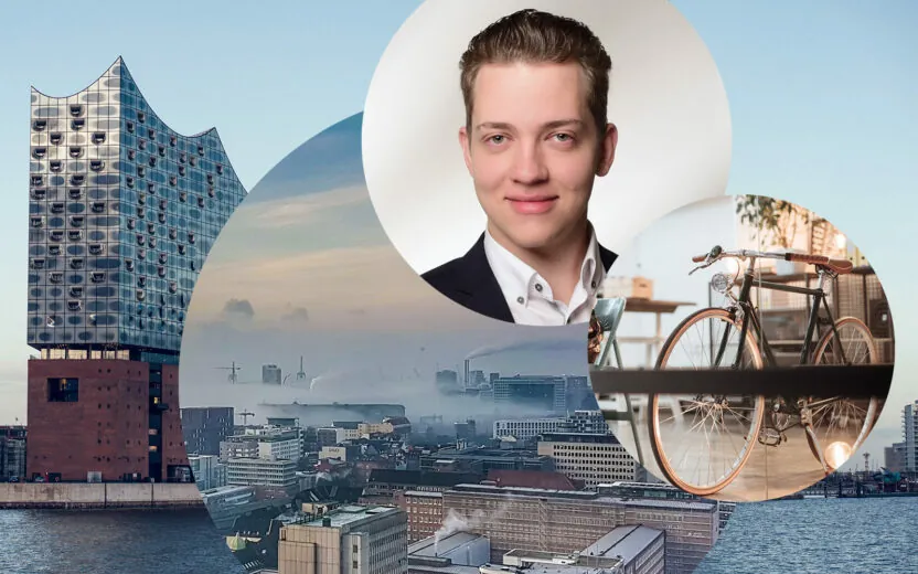 Bild von Sebastian Winter, Junior SAP Analytics Consultant bei valantic in Hamburg, dahinter die Skyline von Hamburg