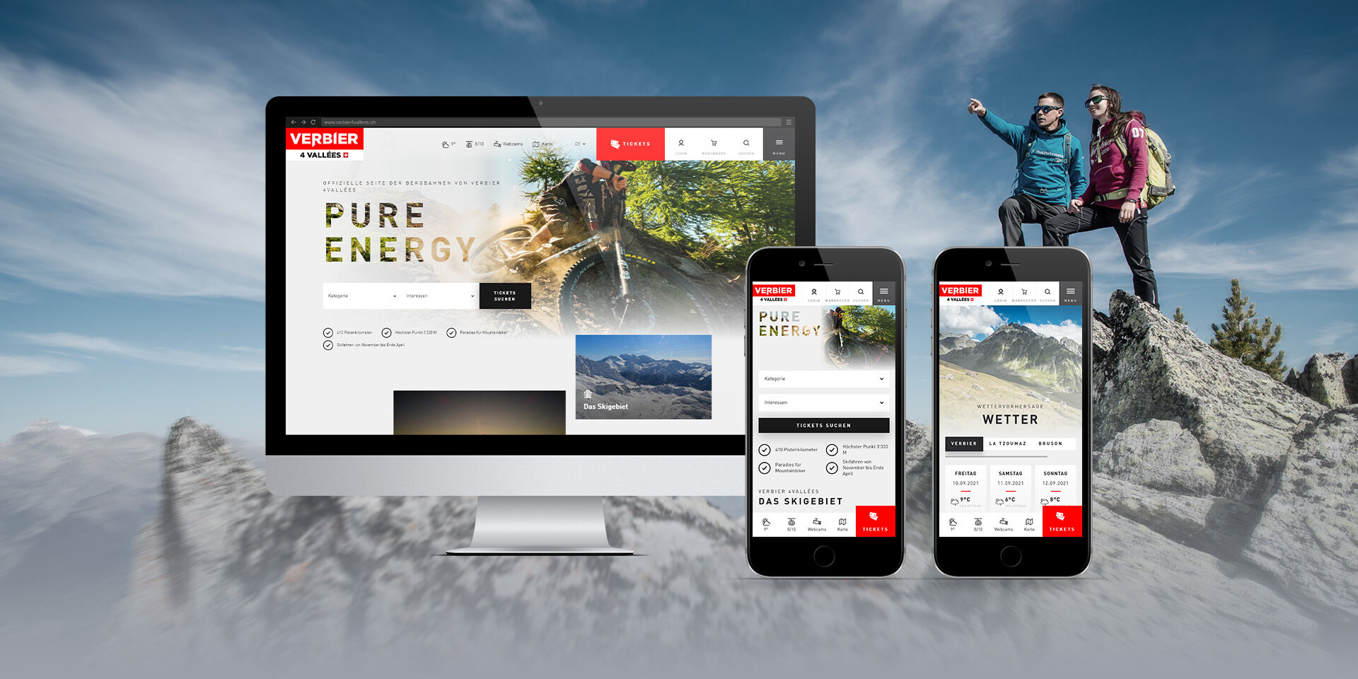 Images of the new Verbier website and two hikers on a mountain