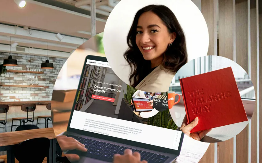 Picture of a laughing woman, next to it a book with the inscription "The valantic way" and behind it a picture of a valantic office, valantic career